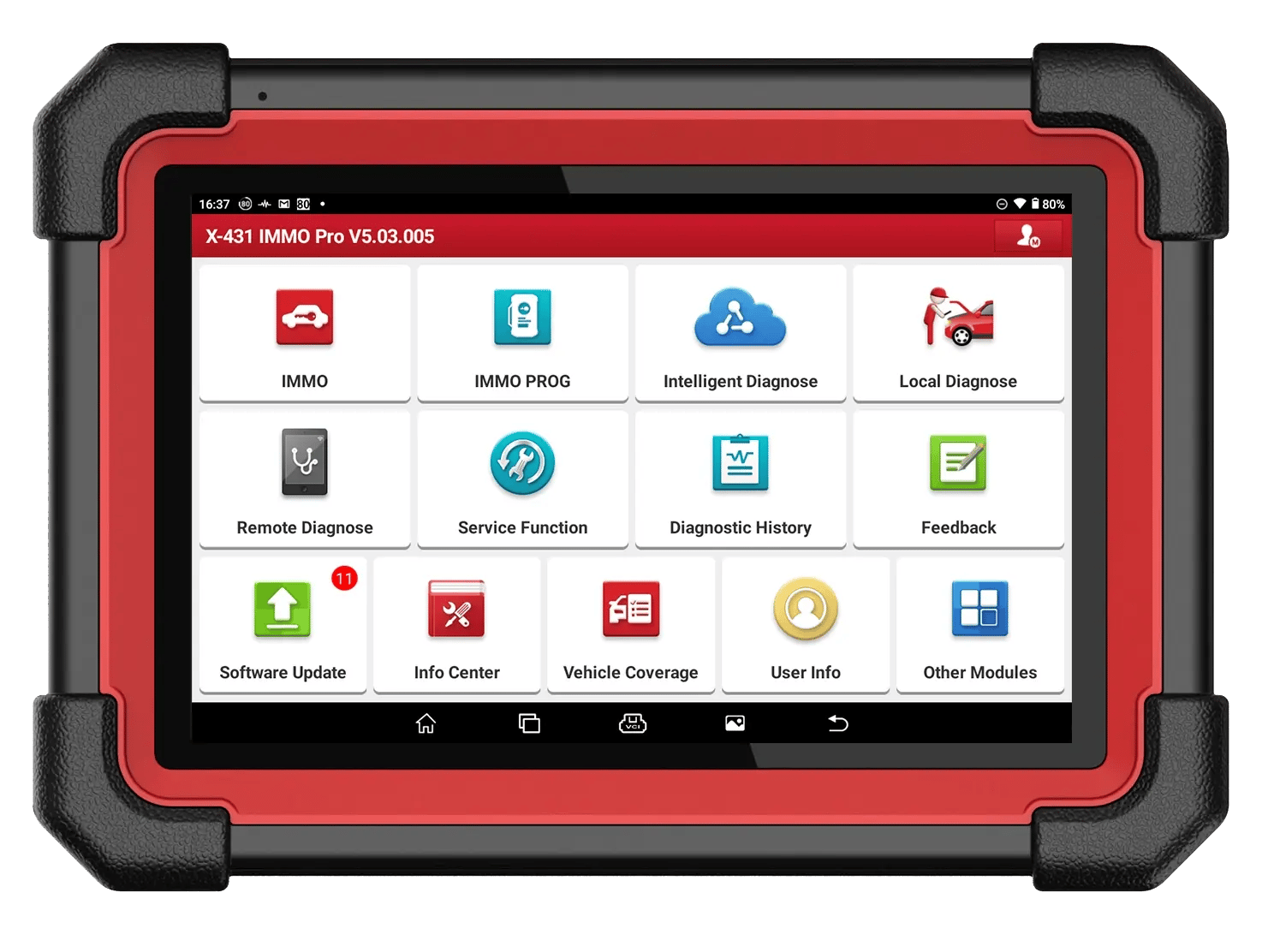 LAUNCH X-431 IMMO Pro tablet displaying X-431 key programming and vehicle diagnostic functions.