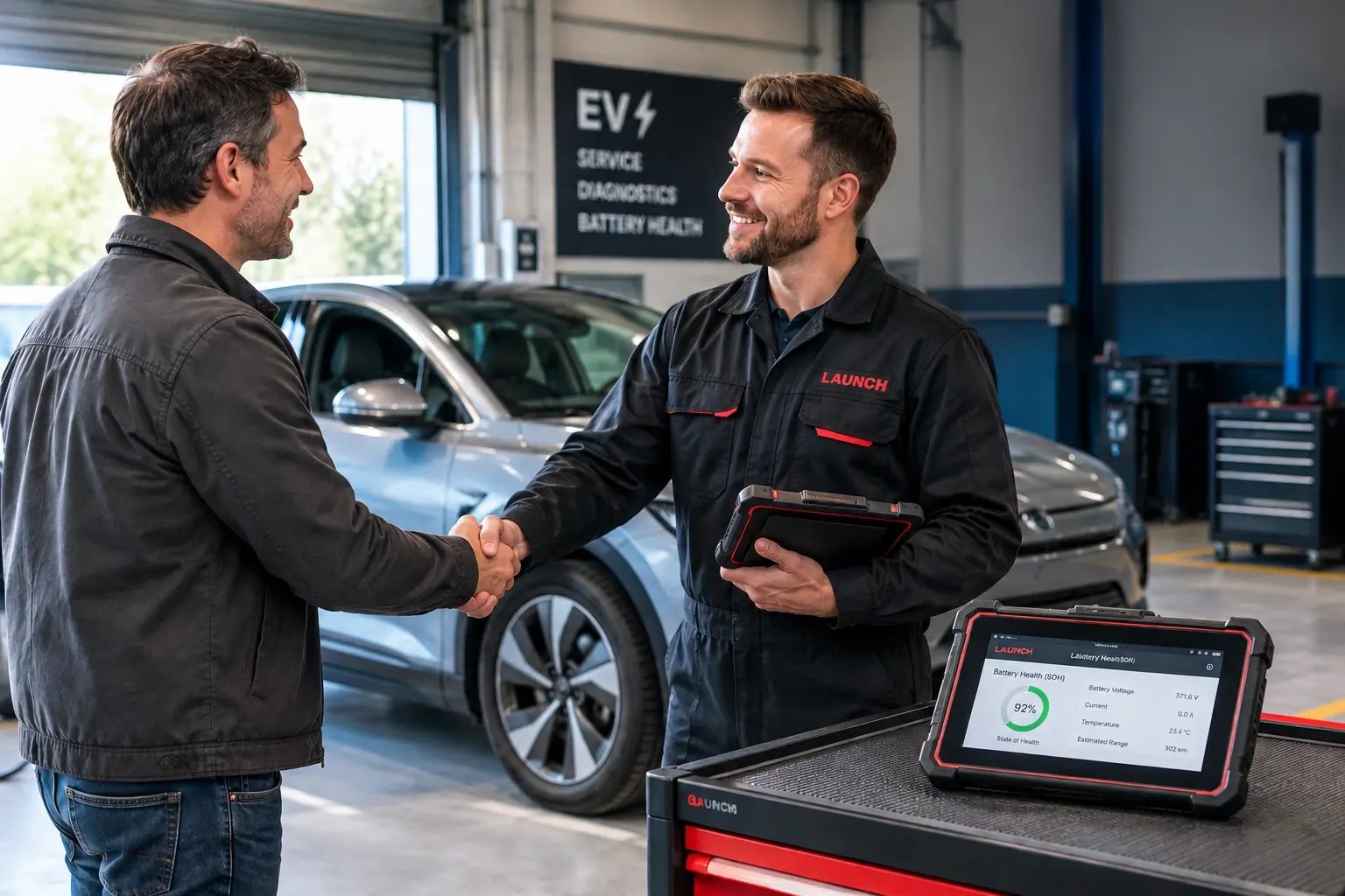 Men in EV garage shaking hands