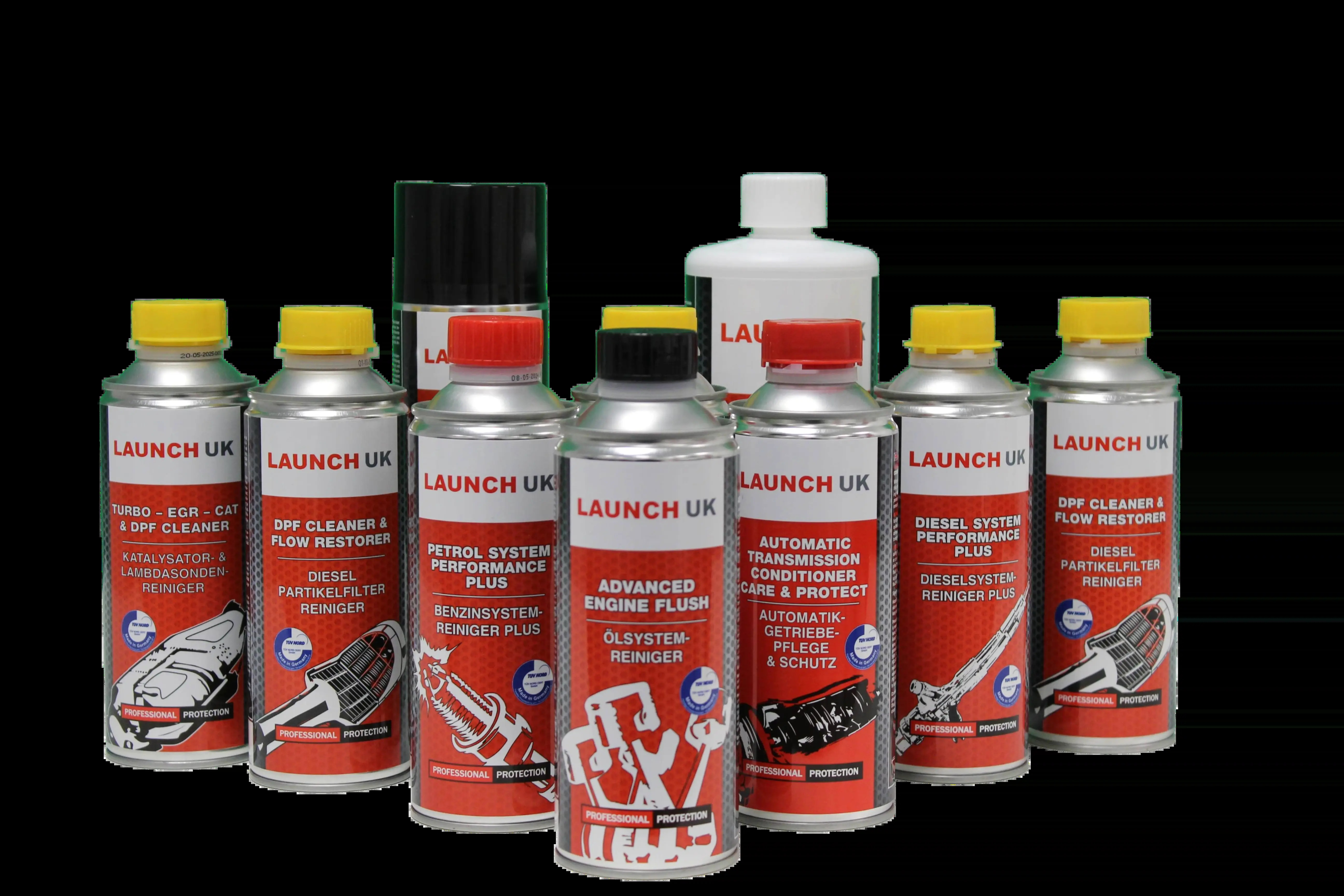 A range of LAUNCH automotive chemicals, including a Petrol Fuel System Enhancer, is displayed for professional garage use.