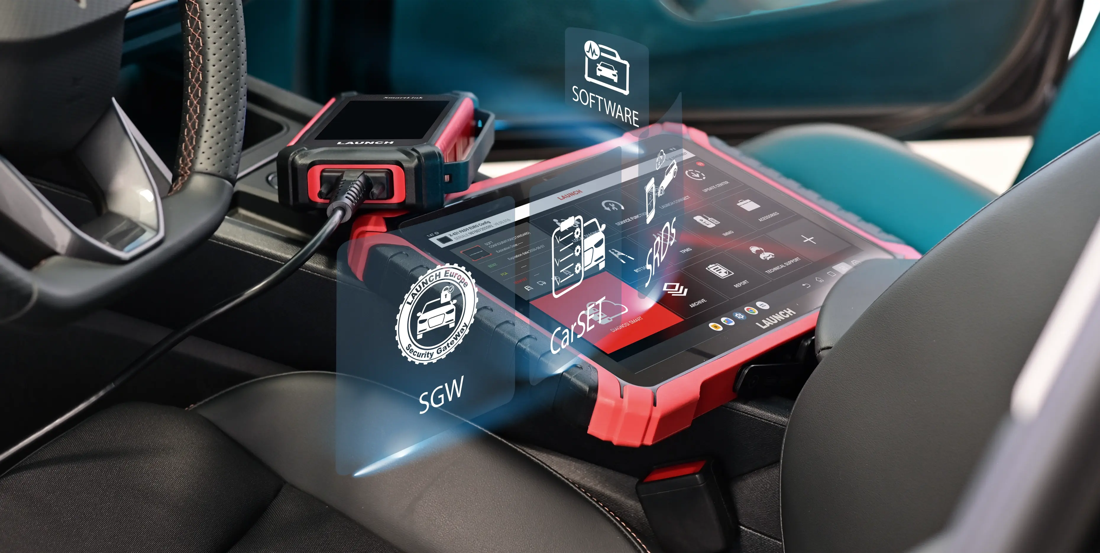 LAUNCH X-431 diagnostic tablet connected to a vehicle for X-431 key programming and security gateway access.