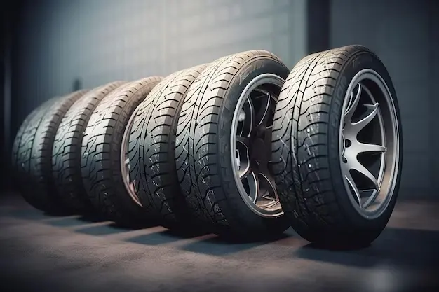 : A row of car tyres for a garage guide answering, “Do You Have to Program TPMS Sensors?”