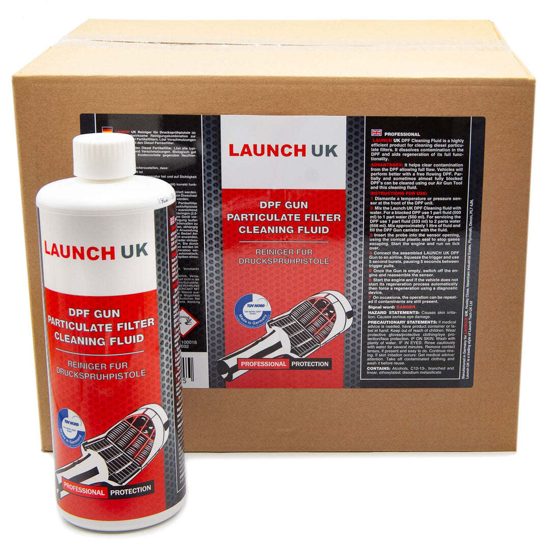 Launch UK DPF Cleaning Fluid bottle and bulk box, used by workshops to safely clean diesel filters without risking damage to an engine.