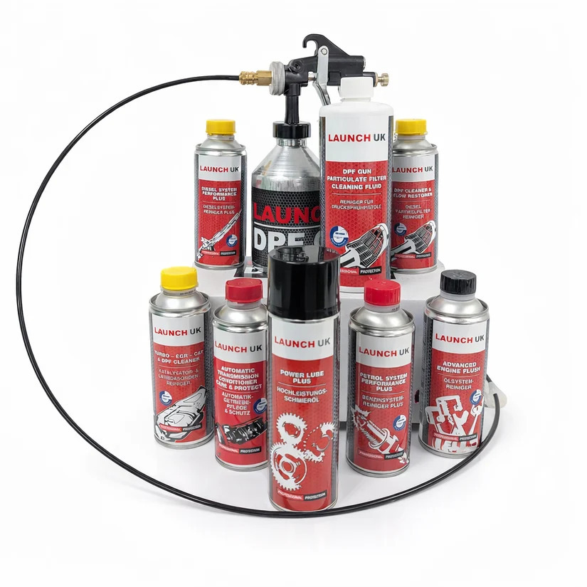 Range of Launch UK additive fluids including DPF cleaners, engine flush, and transmission conditioner cans displayed with a DPF cleaning gun for professional workshop use.